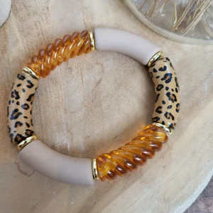 Bracelet léopard fait main – Accessoire tendance en perles résine imprimé animalier – Tons terracotta, ambre, noir, doré, beige
