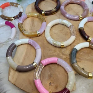 Bracelet élastique jonc, perles tubes incurvées acrylique paillettes doré