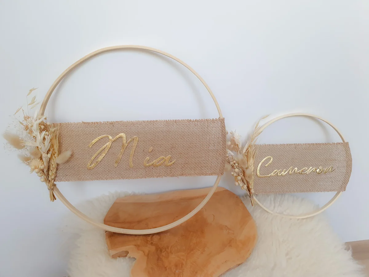 Couronne naturelle toile de jute fleurs séchées personnalisable – Image 9