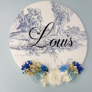 Décoration toile de jouy bébé personnalisée bohème tambour couronne fleurs séchées prénom fait main cadeau naissance enfant baby shower