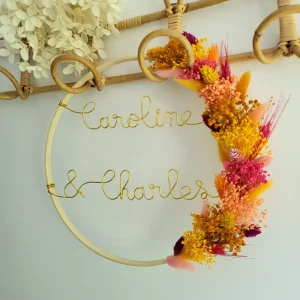 Couronne fleurs séchées personnalisée mariage – Prénoms mariés – Déco bohème romantique – Cadeau unique cérémonie