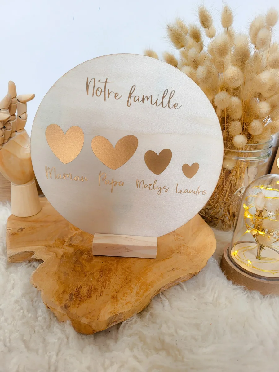Plaque personnalisée bois rond décoration famille coeur maman cadeau naissance anniversaire fait-main enseigne couronne fête des mères – Image 3