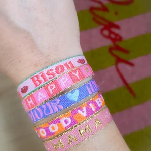 Bracelet message fluo réglable en tissu – Good Vibes, Amour, Mama – Style bohème été, idée cadeau femme ou ado