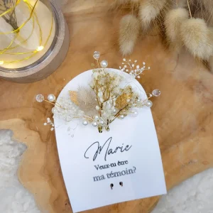 Cadeau personnalisé témoin mariage femme marraine maman anniversaire EVJF épingle cheveux fleurs séchées barrette peigne carte personnalisée