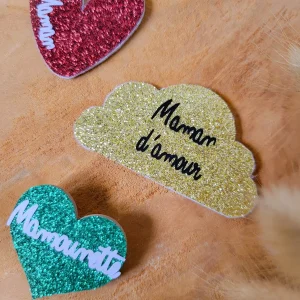 Broche nuage paillette personnalisable fait main cadeau témoin marraine femme fête des mères anniversaire EVJF, nounou, ATSEM, maîtresse