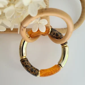 Bracelet léopard fait main – Bijou tendance imprimé animalier – Perles résine incurvées, tons terracotta, marron, orange et doré