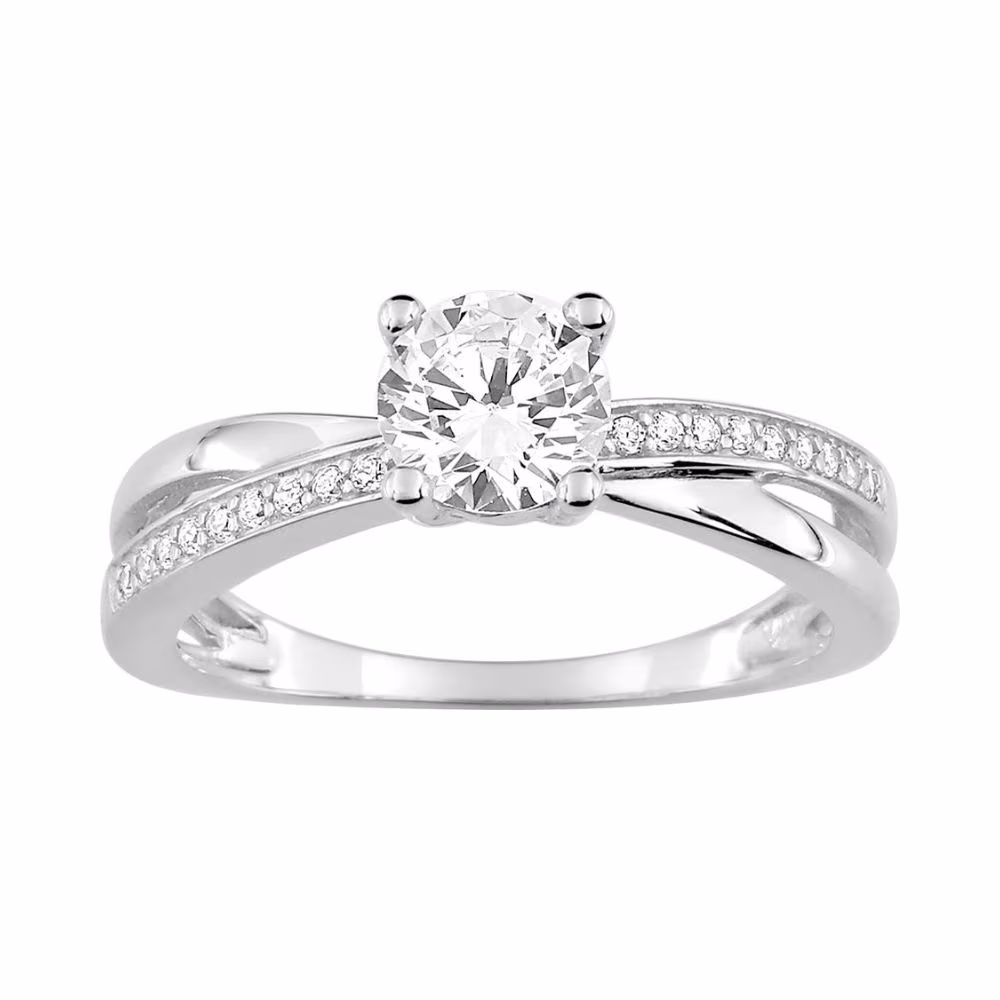 Bague Solitaire Or Blanc Croisé et Pavage Oxydes