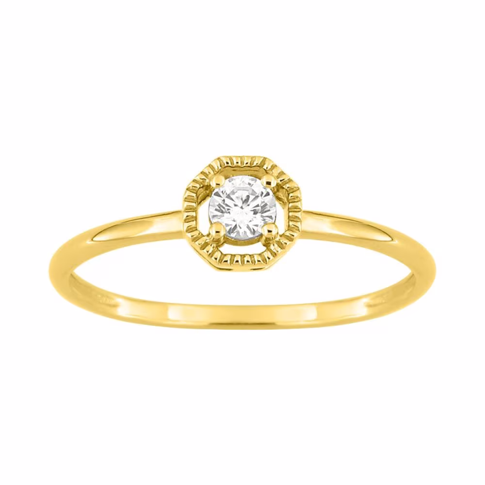 Bague Solitaire Oxyde Motif Octogonale Or Jaune 9Kt