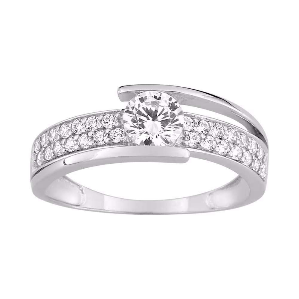 Solitaire Accompagné Or Blanc & Deux Rangs Oxyde